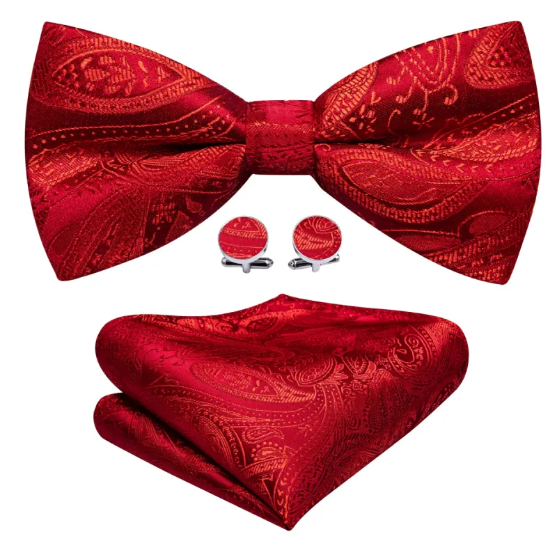 Strong Red Paisley Pre-tied Bow Tie Hanky Cufflinks Set sold by Barrywang