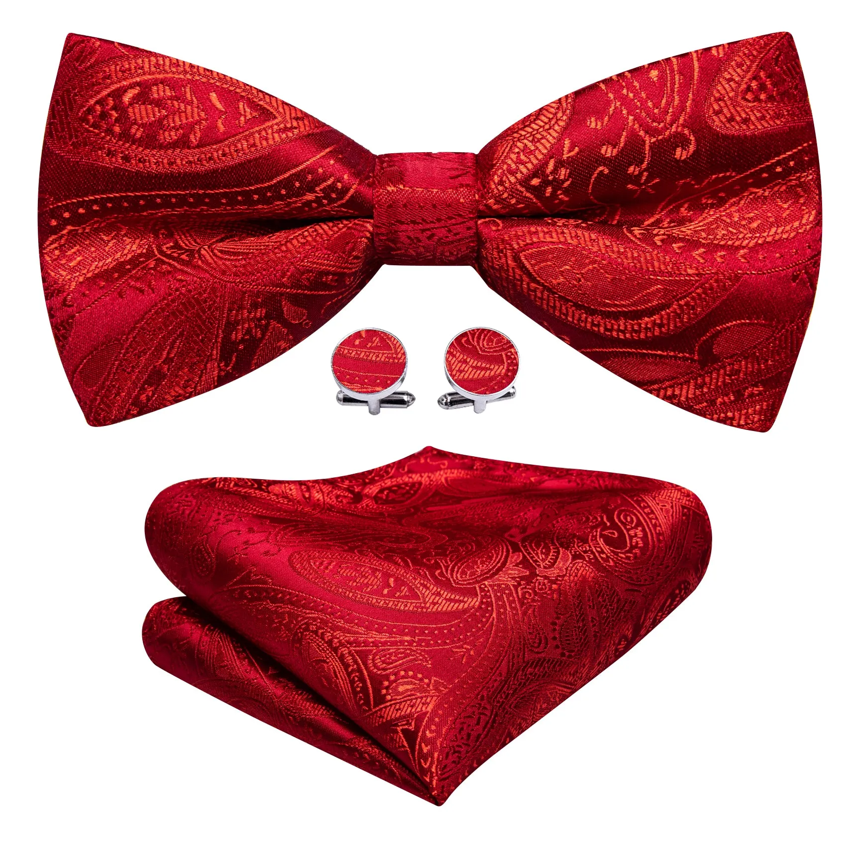 Barry. Wang Strong Red Paisley Pre-tied Bow Tie Hanky Cufflinks Set sold by Barrywang