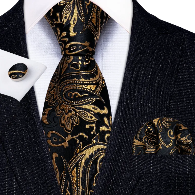 Barry Wang Black Neckties Golden Paisley Silk Tie Hanky Cufflinks Set sold by Barrywang
