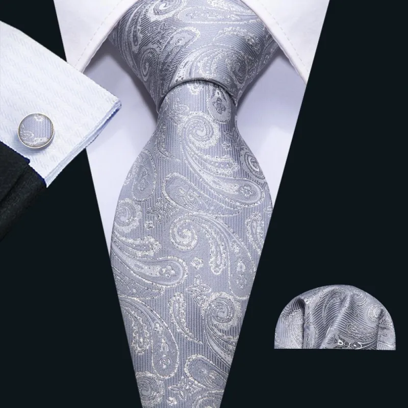 Barry Wang Silver Grey Paisley Silk Tie Pocket Square Cufflinks Set sold by Barrywang