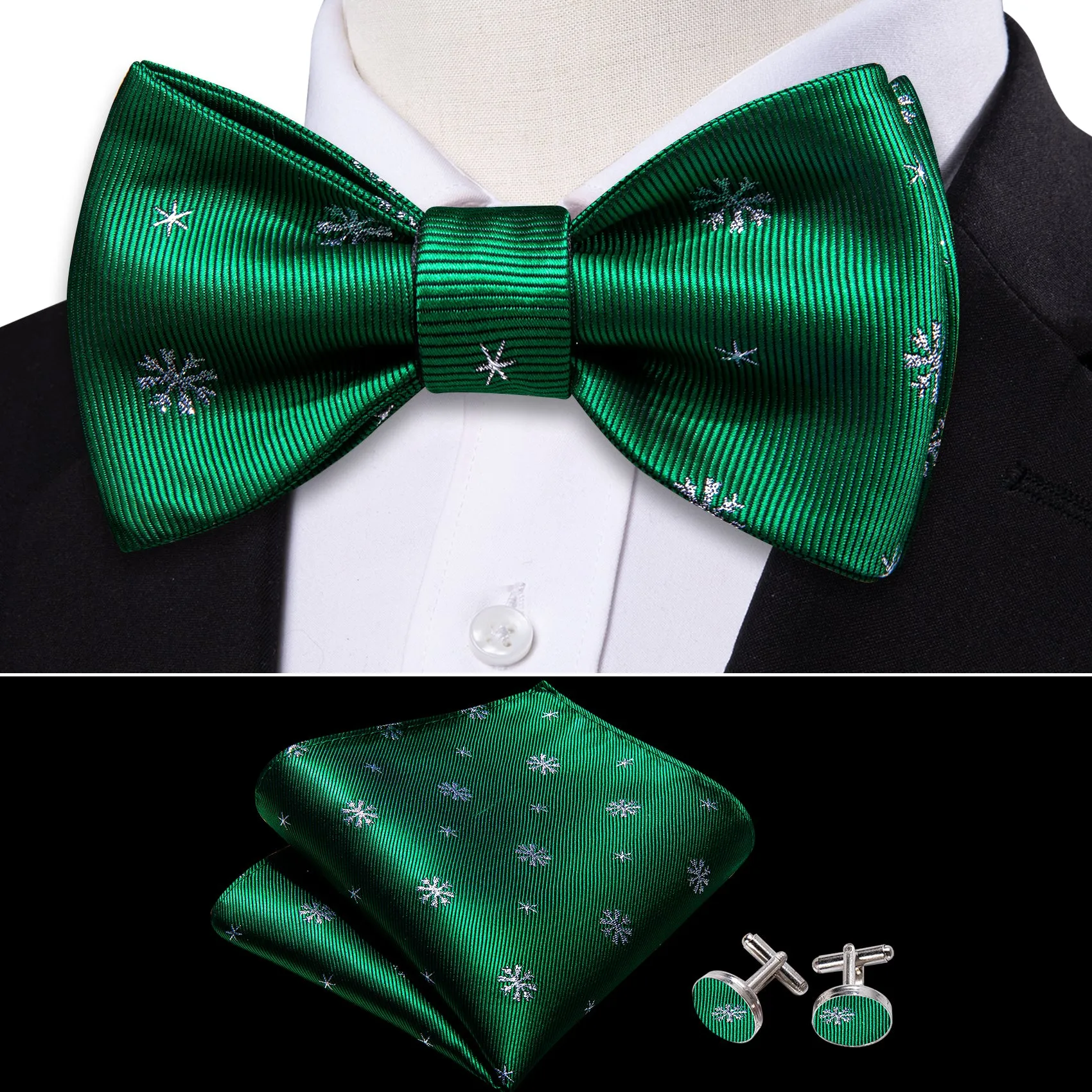 Christmas Green White Snowflake Silk Self Tie Bow Tie Hanky Cufflinks Set sold by Barrywang