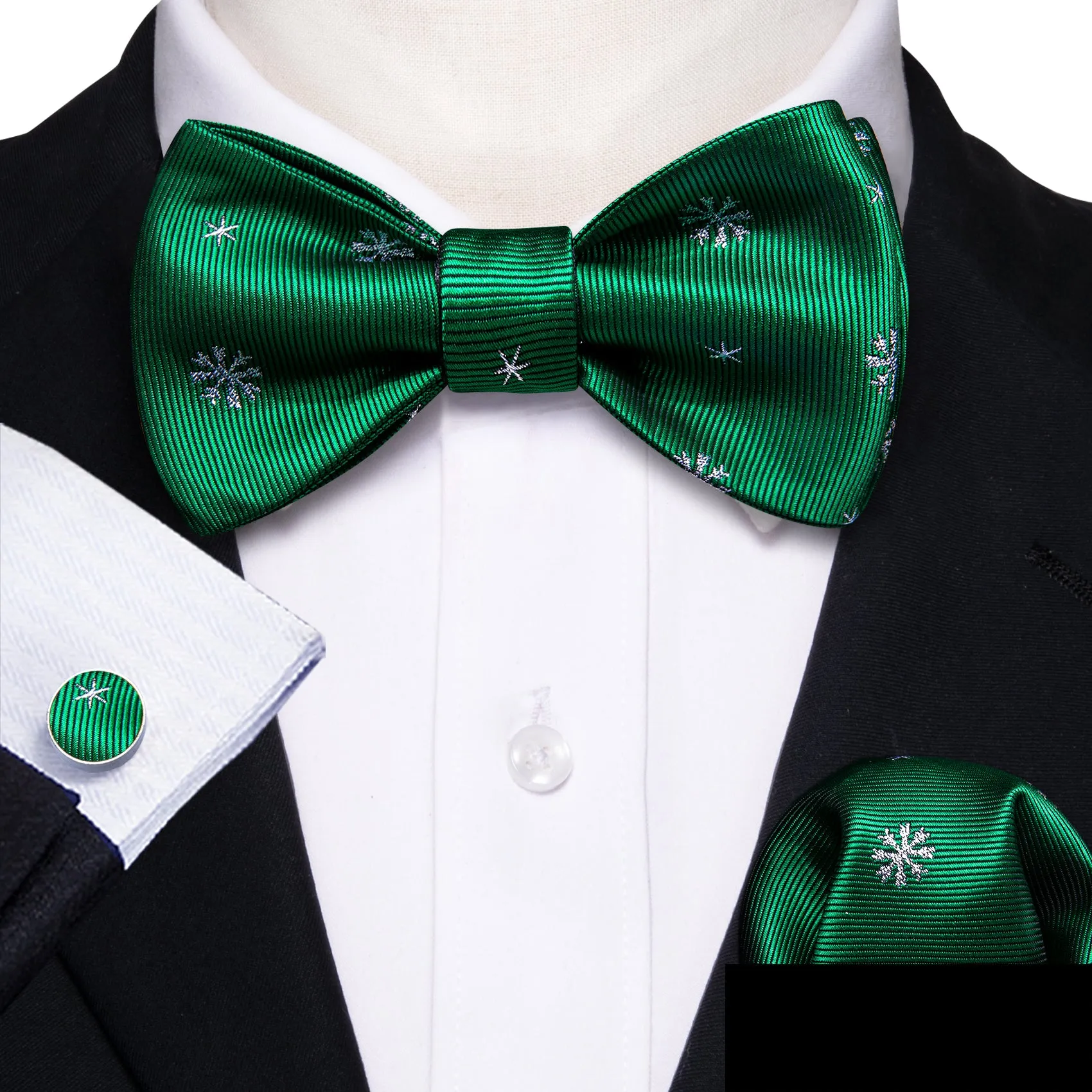 Christmas Green White Snowflake Silk Self Tie Bow Tie Hanky Cufflinks Set sold by Barrywang product image thumbnail 3