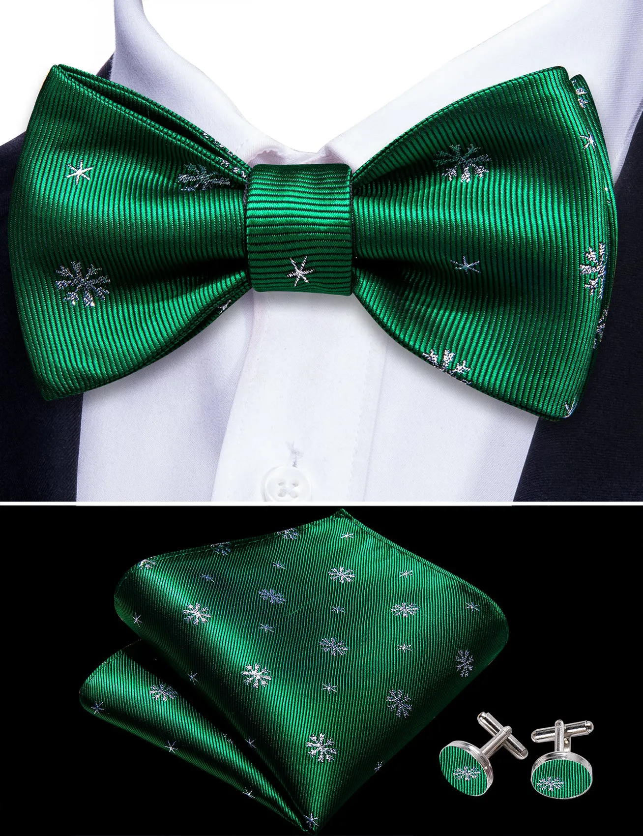 Christmas Green White Snowflake Silk Self Tie Bow Tie Hanky Cufflinks Set sold by Barrywang product image thumbnail 2