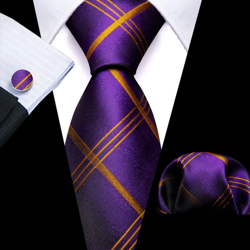 Barry Wang Purple Tie Gold Enrod Plaid Necktie Men's Tie Set sold by Barrywang