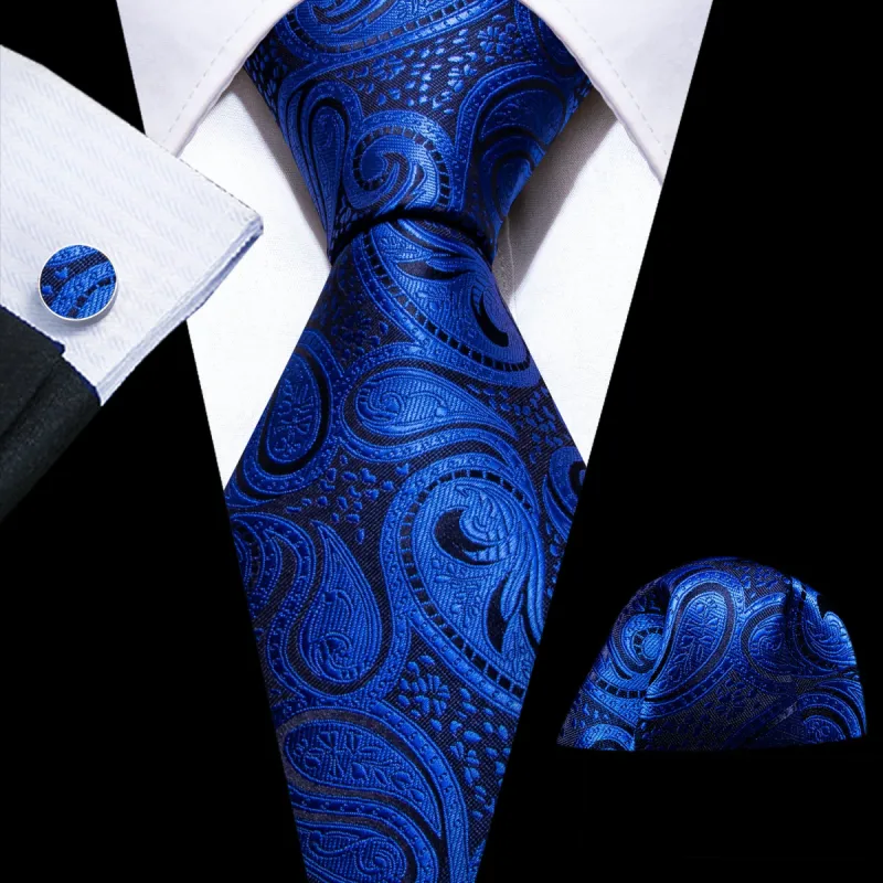 Barry Wang Navy Blue Tie Paisley Silk Tie Handkerchief Cufflinks Set sold by Barrywang