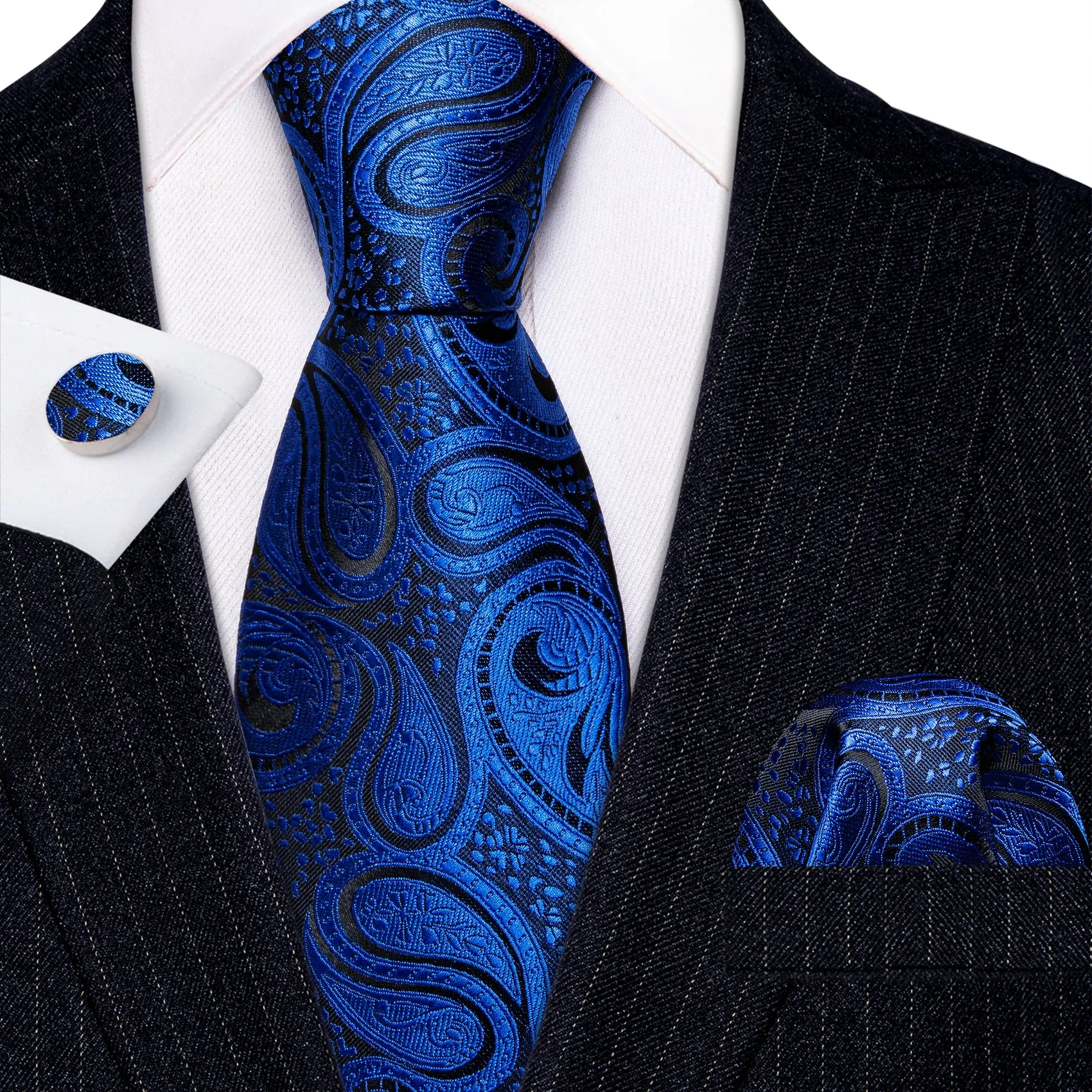 Barry Wang Medium Blue Paisley Silk Tie Pocket Square Cufflinks Set sold by Barrywang product image thumbnail 2
