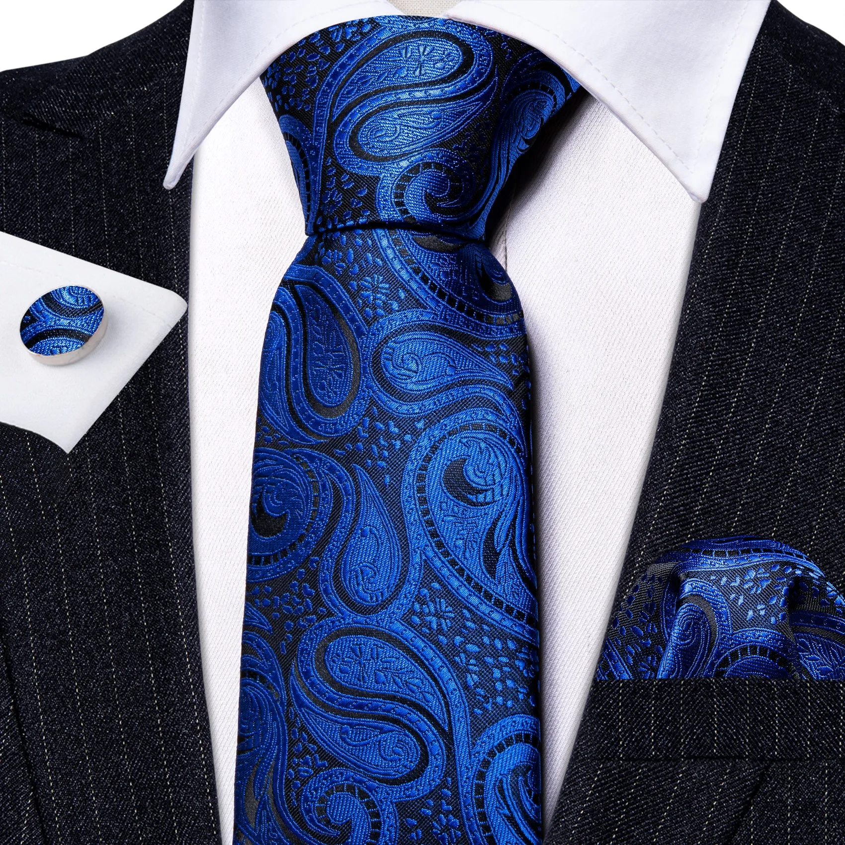 Barry Wang Medium Blue Paisley Silk Tie Pocket Square Cufflinks Set sold by Barrywang product image thumbnail 3