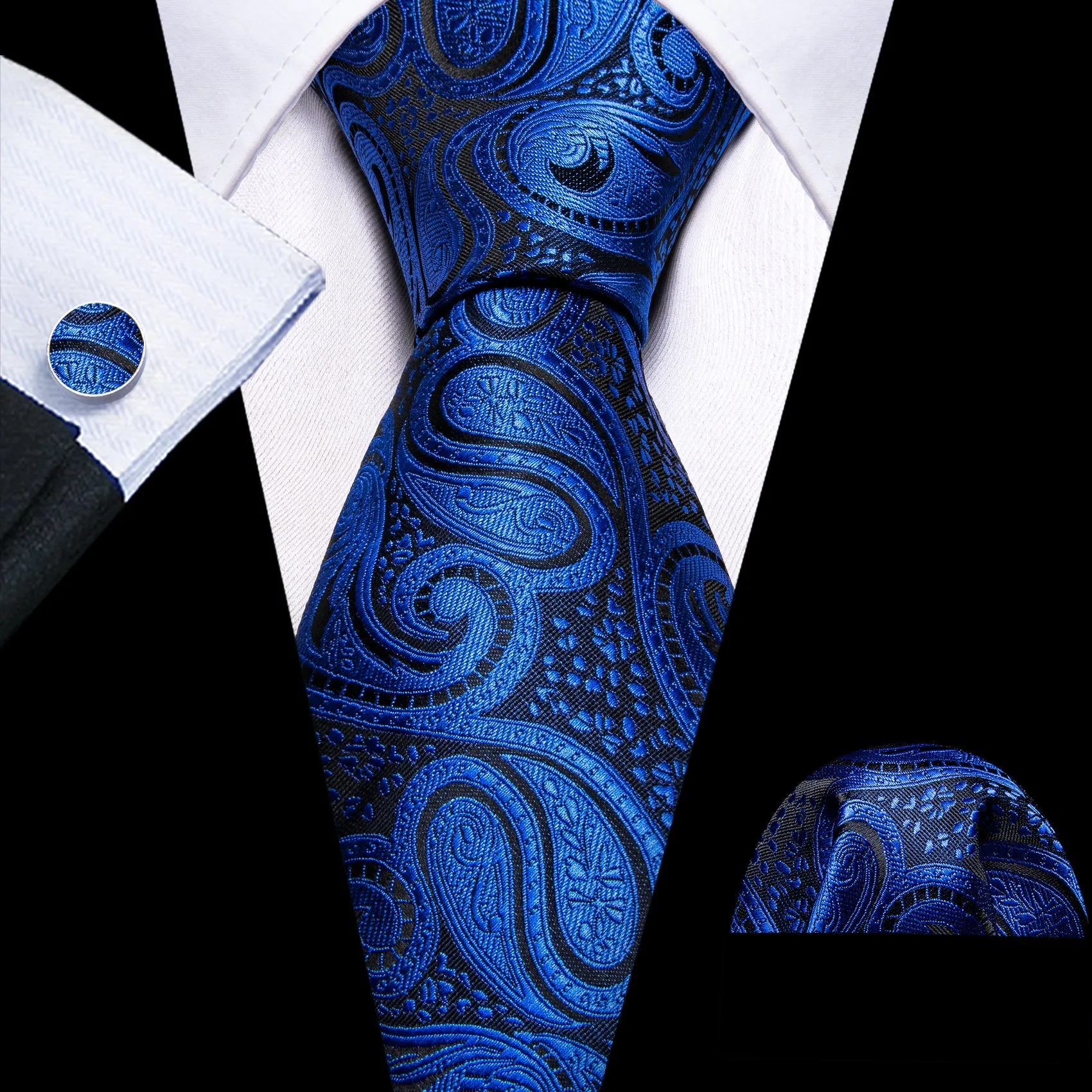 Barry Wang Medium Blue Paisley Silk Tie Pocket Square Cufflinks Set sold by Barrywang