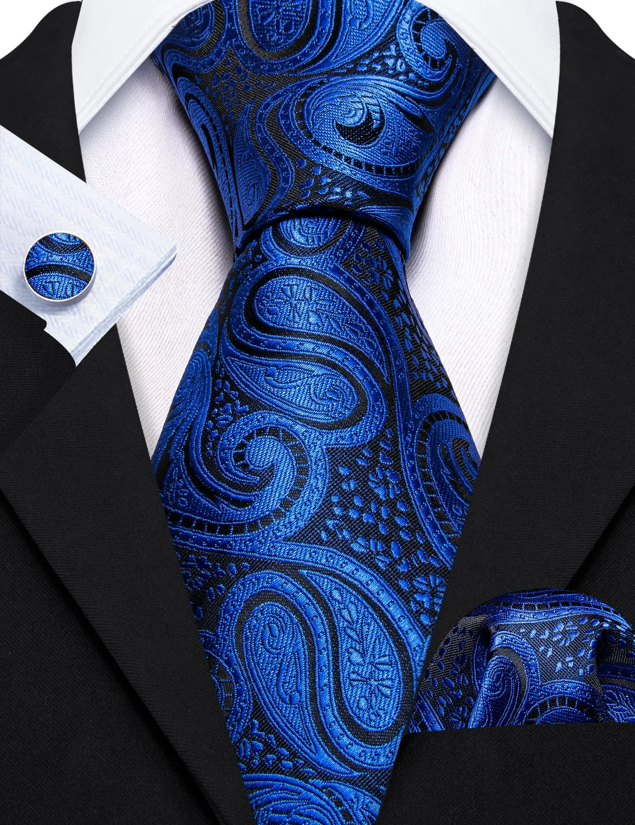 Barry Wang Medium Blue Paisley Silk Tie Pocket Square Cufflinks Set sold by Barrywang product image thumbnail 4