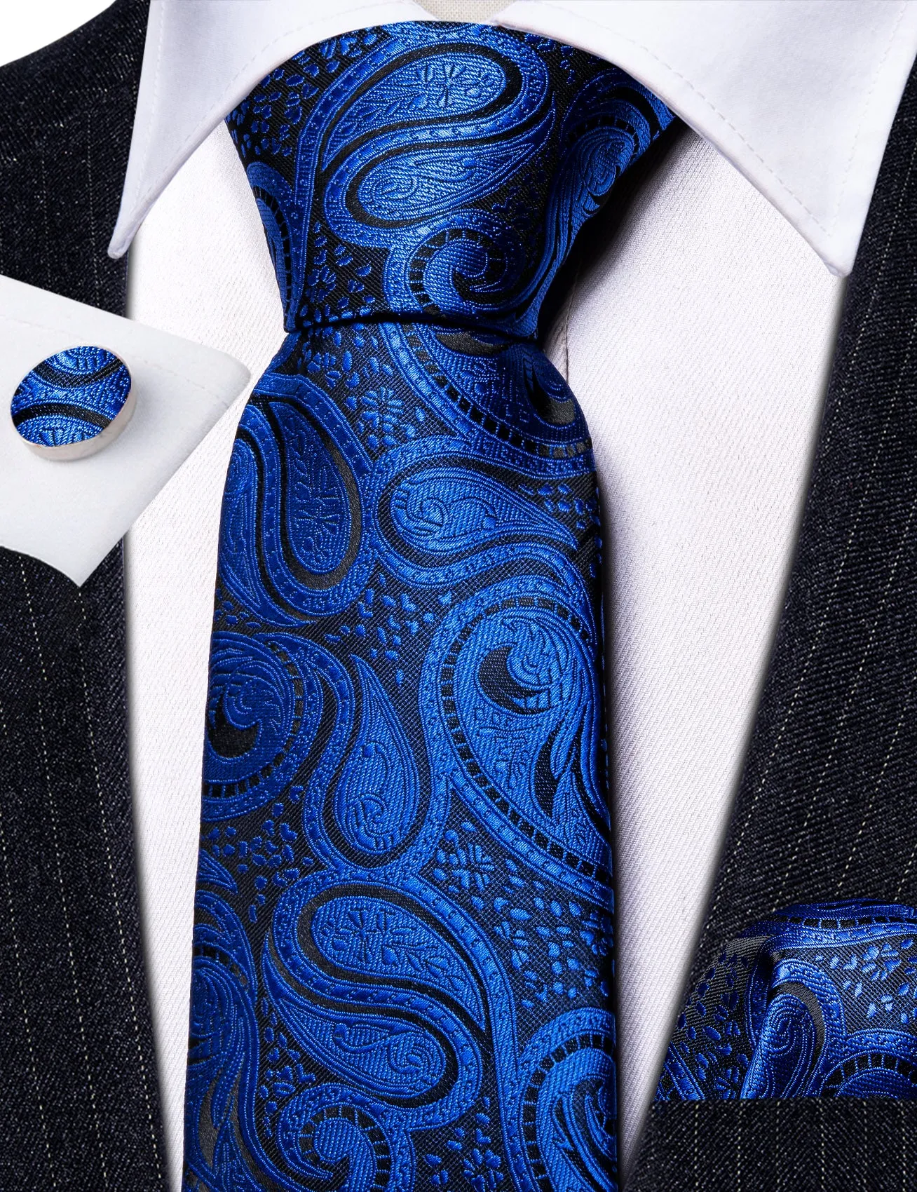 Barry Wang Medium Blue Paisley Silk Tie Pocket Square Cufflinks Set sold by Barrywang product image thumbnail 5