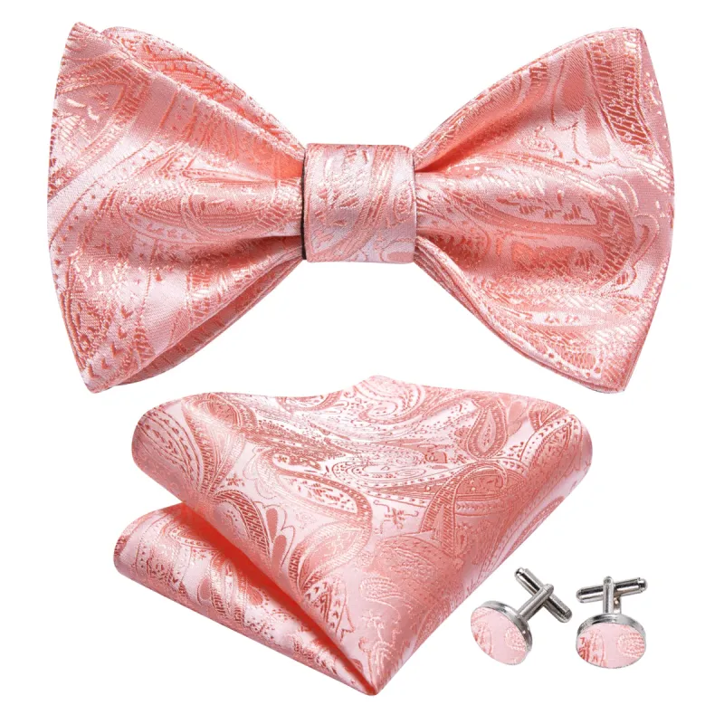 Pink Paisley Self Tie Bow Tie Hanky Cufflinks Set sold by Barrywang
