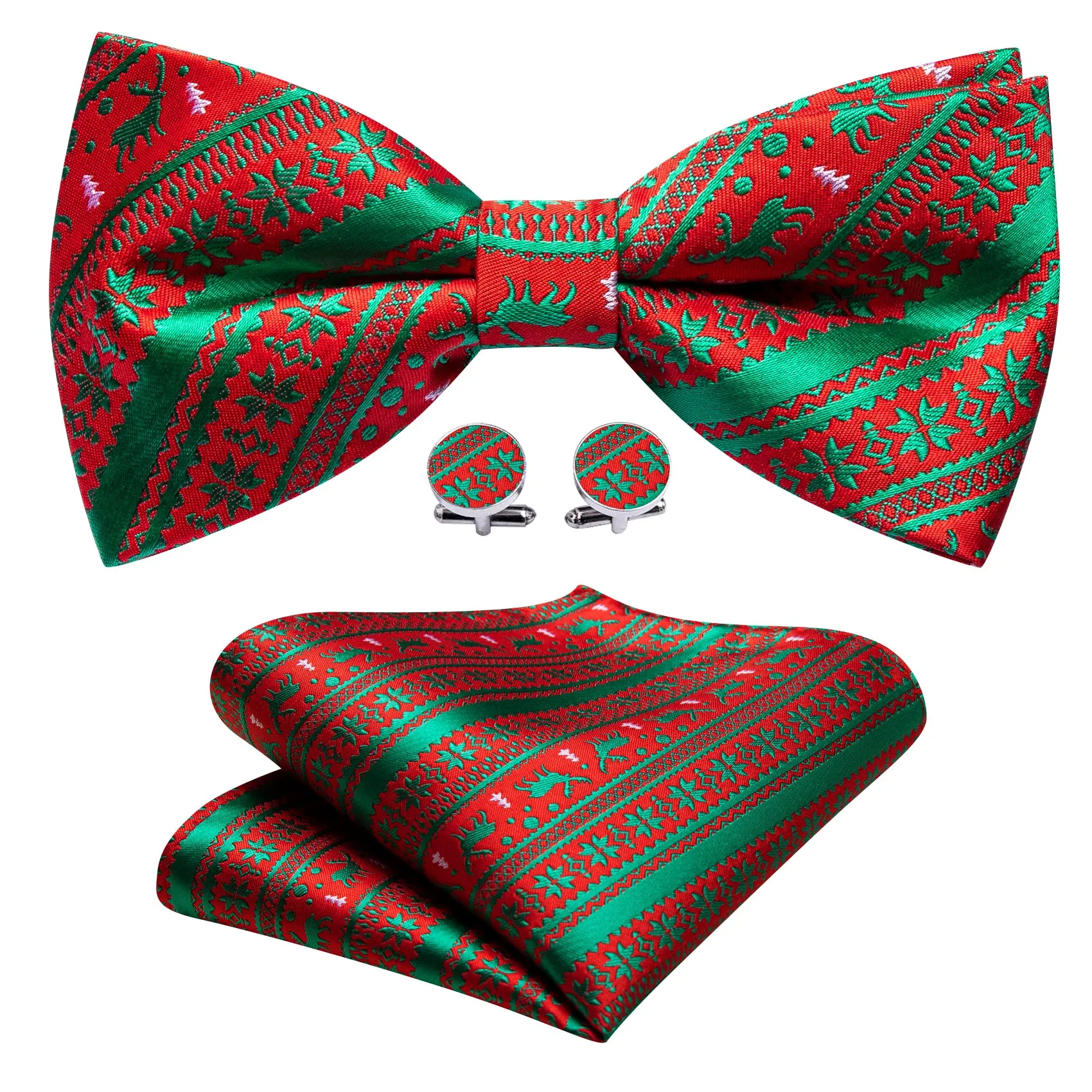 Christmas Red Green Elk Pre Tied Bow Tie Hanky Cufflinks Set sold by Barrywang