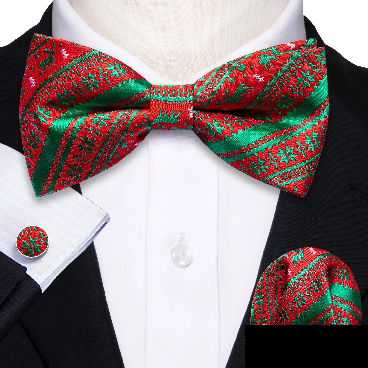 Christmas Red Green Elk Pre Tied Bow Tie Hanky Cufflinks Set sold by Barrywang product image thumbnail 2