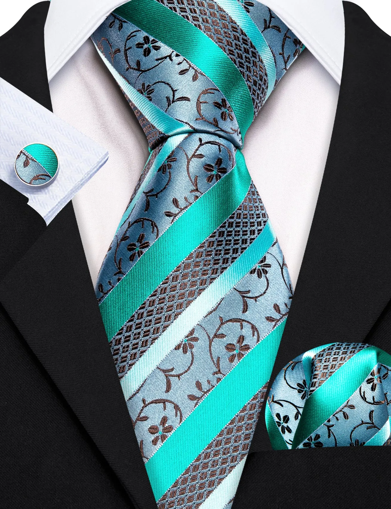 Barry Wang Teal Blue Green Brown Floral Striped Tie Hanky Cufflink Set sold by Barrywang product image thumbnail 2