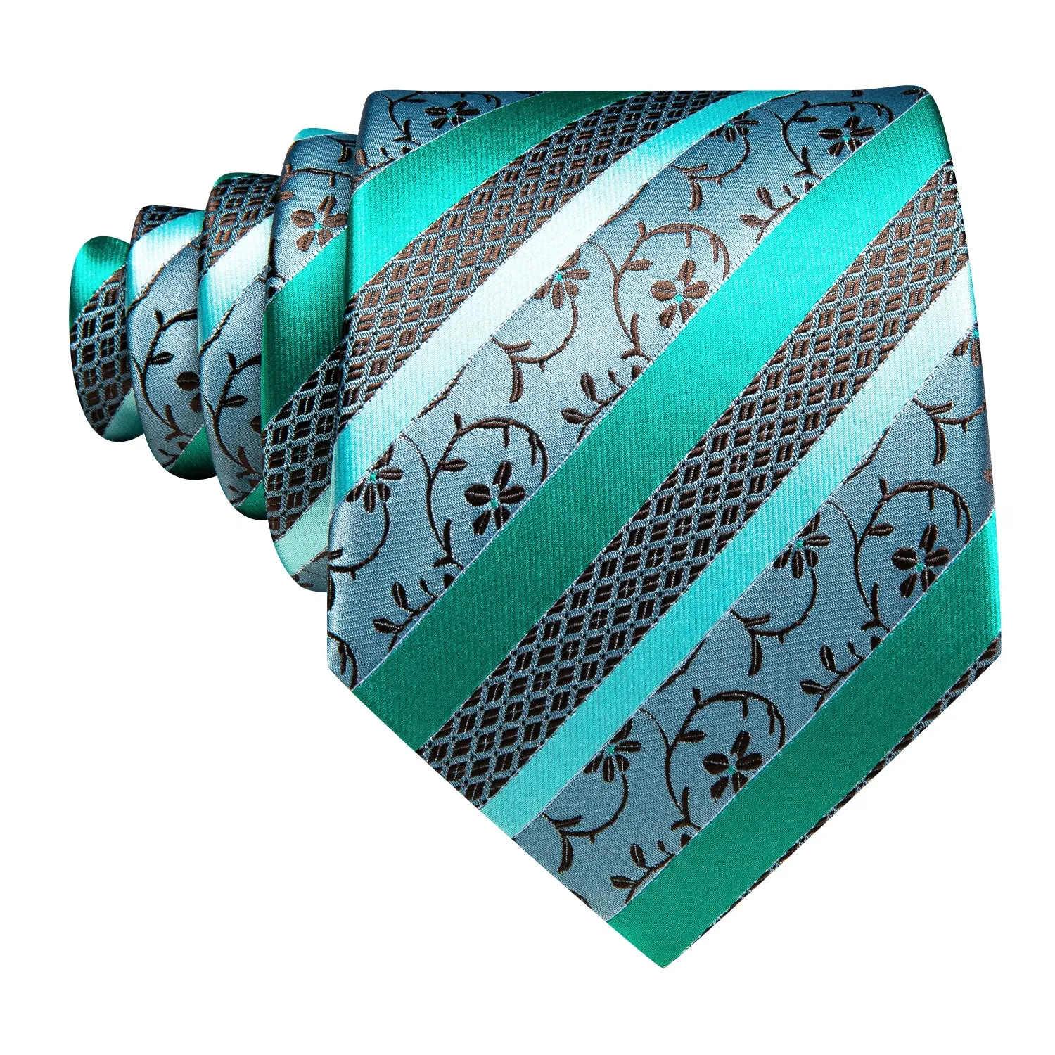 Barry Wang Teal Blue Green Brown Floral Striped Tie Hanky Cufflink Set sold by Barrywang product image thumbnail 5