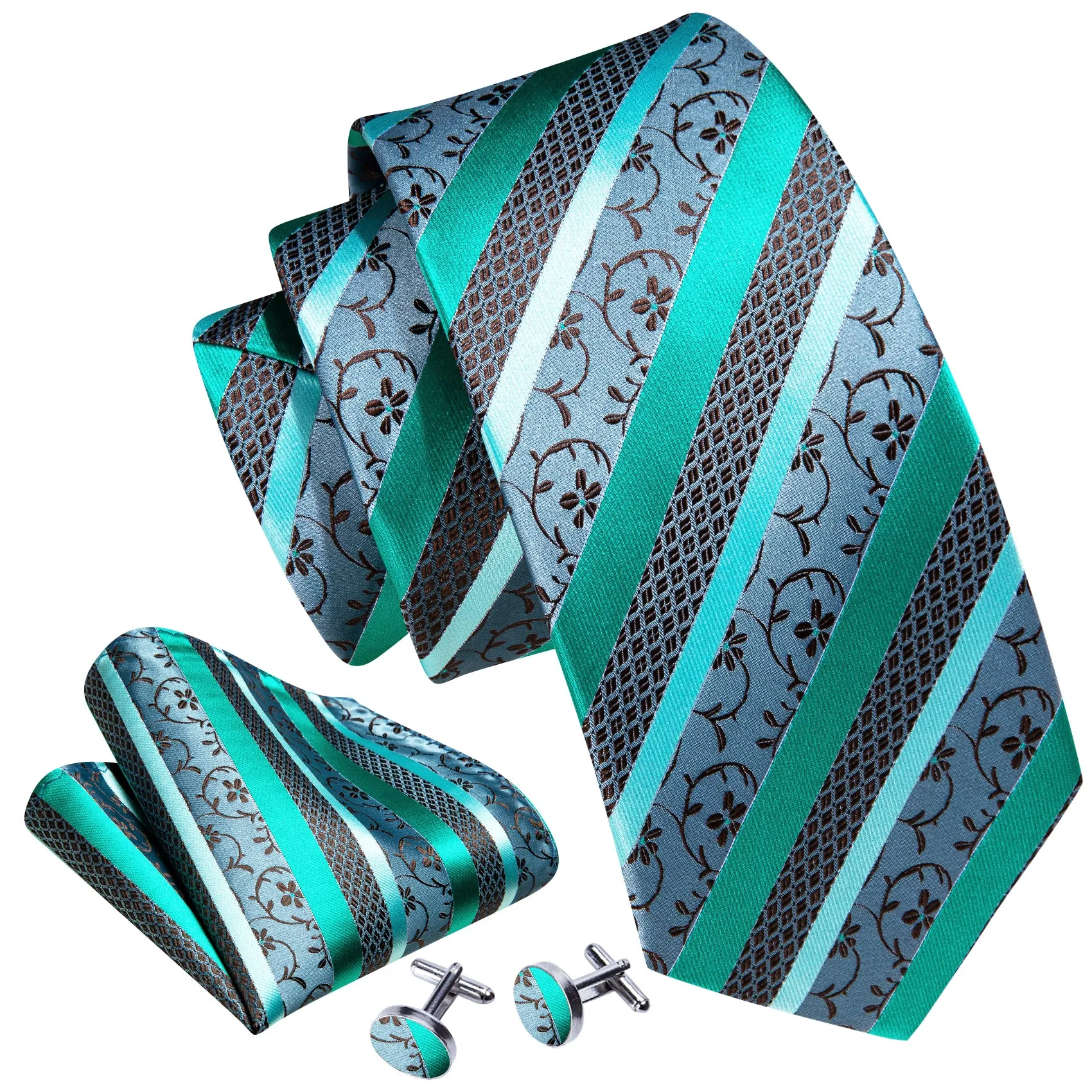 Barry Wang Teal Blue Green Brown Floral Striped Tie Hanky Cufflink Set sold by Barrywang product image thumbnail 4