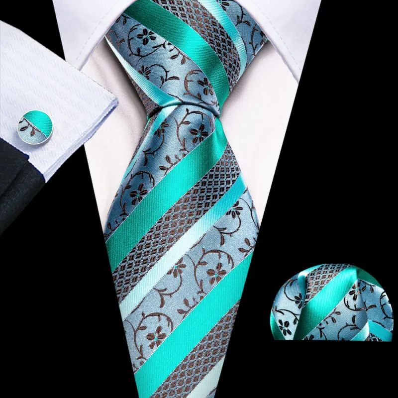 Barry Wang Teal Blue Green Brown Floral Striped Tie Hanky Cufflink Set sold by Barrywang