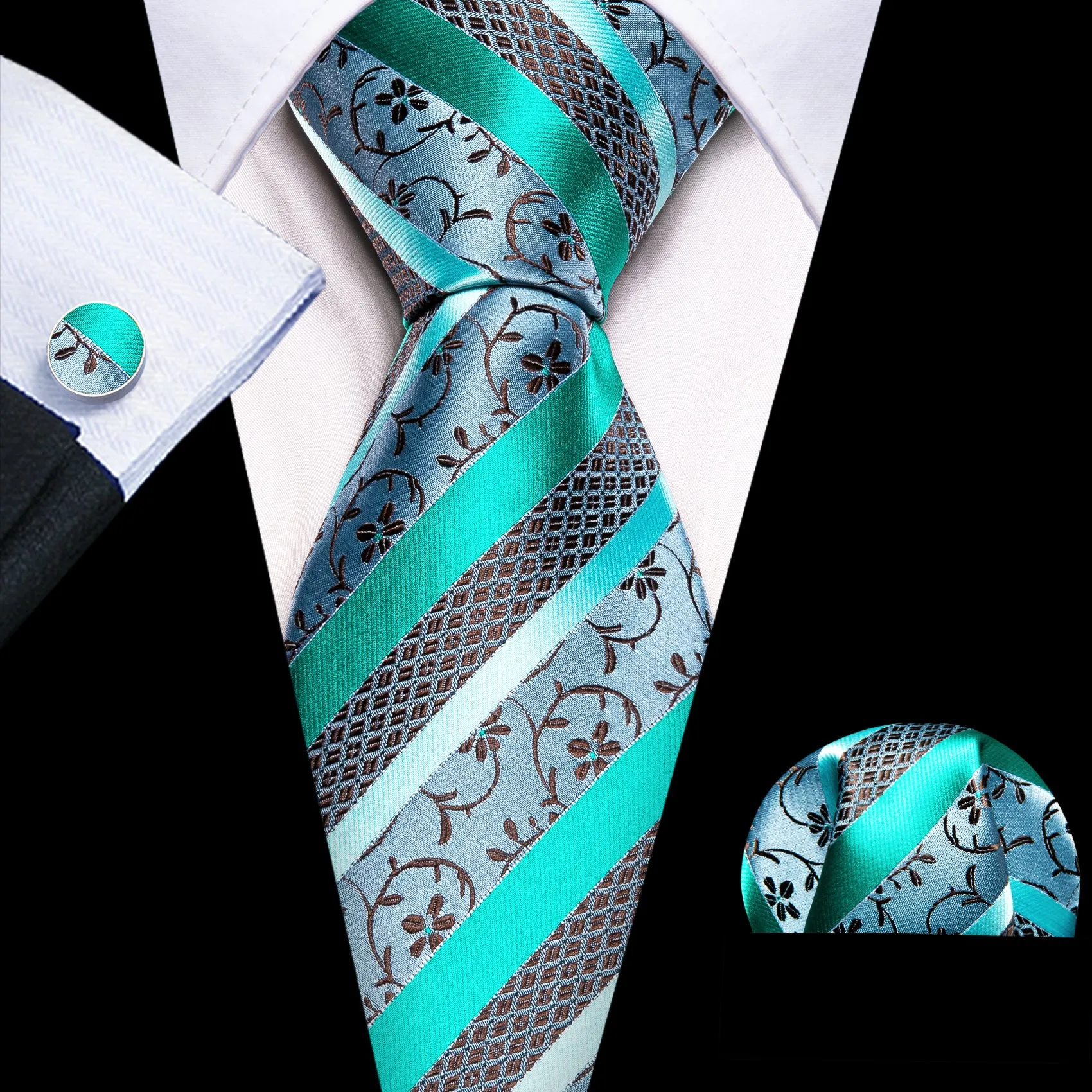 Barry Wang Teal Blue Green Brown Floral Striped Tie Hanky Cufflink Set sold by Barrywang