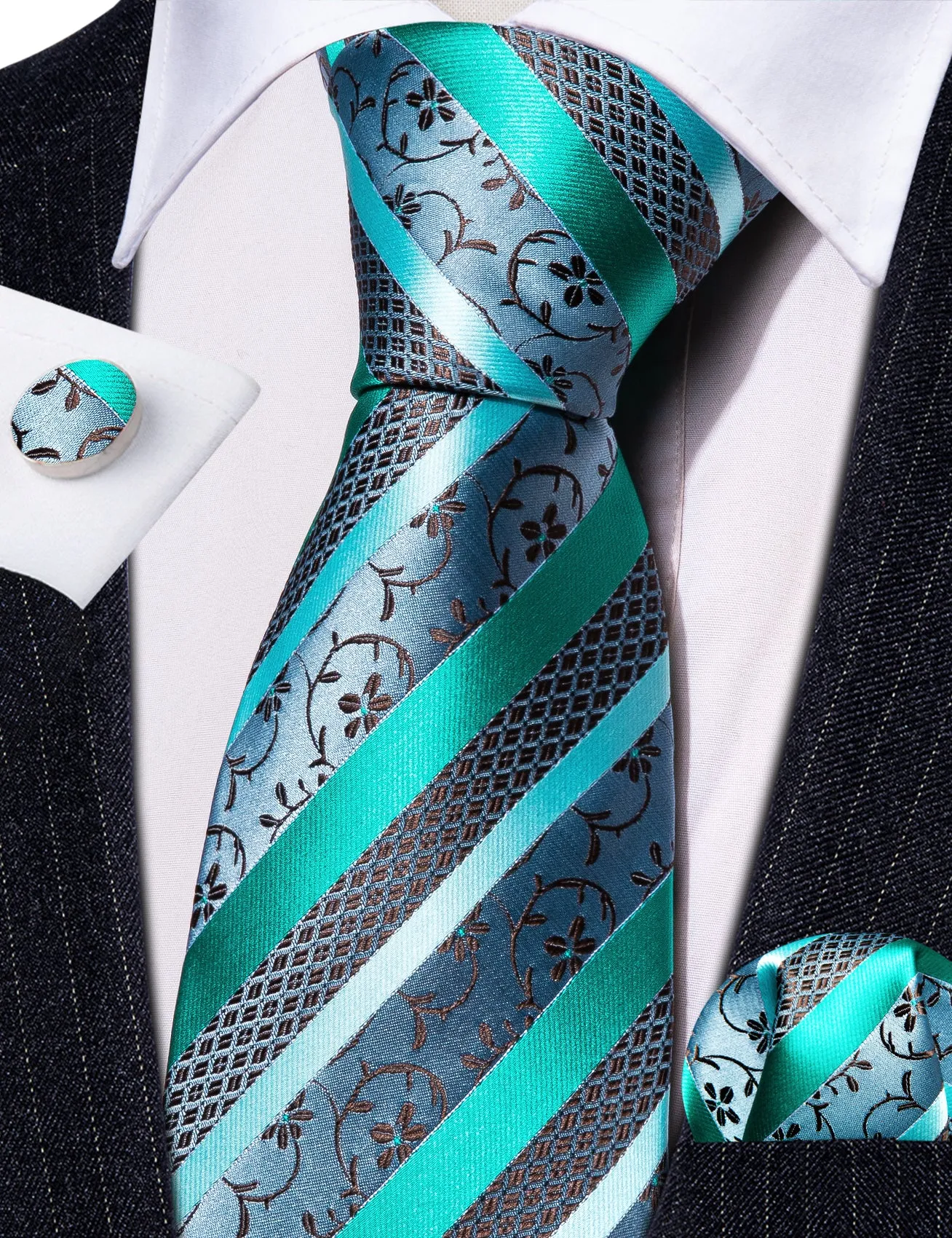 Barry Wang Teal Blue Green Brown Floral Striped Tie Hanky Cufflink Set sold by Barrywang product image thumbnail 3
