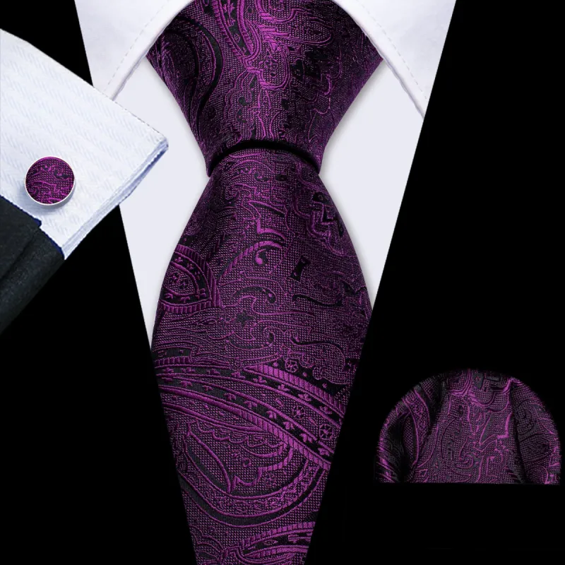 Barry Wang Purple Necktie Azalea Paisley Silk Tie Hanky Cufflinks Set sold by Barrywang