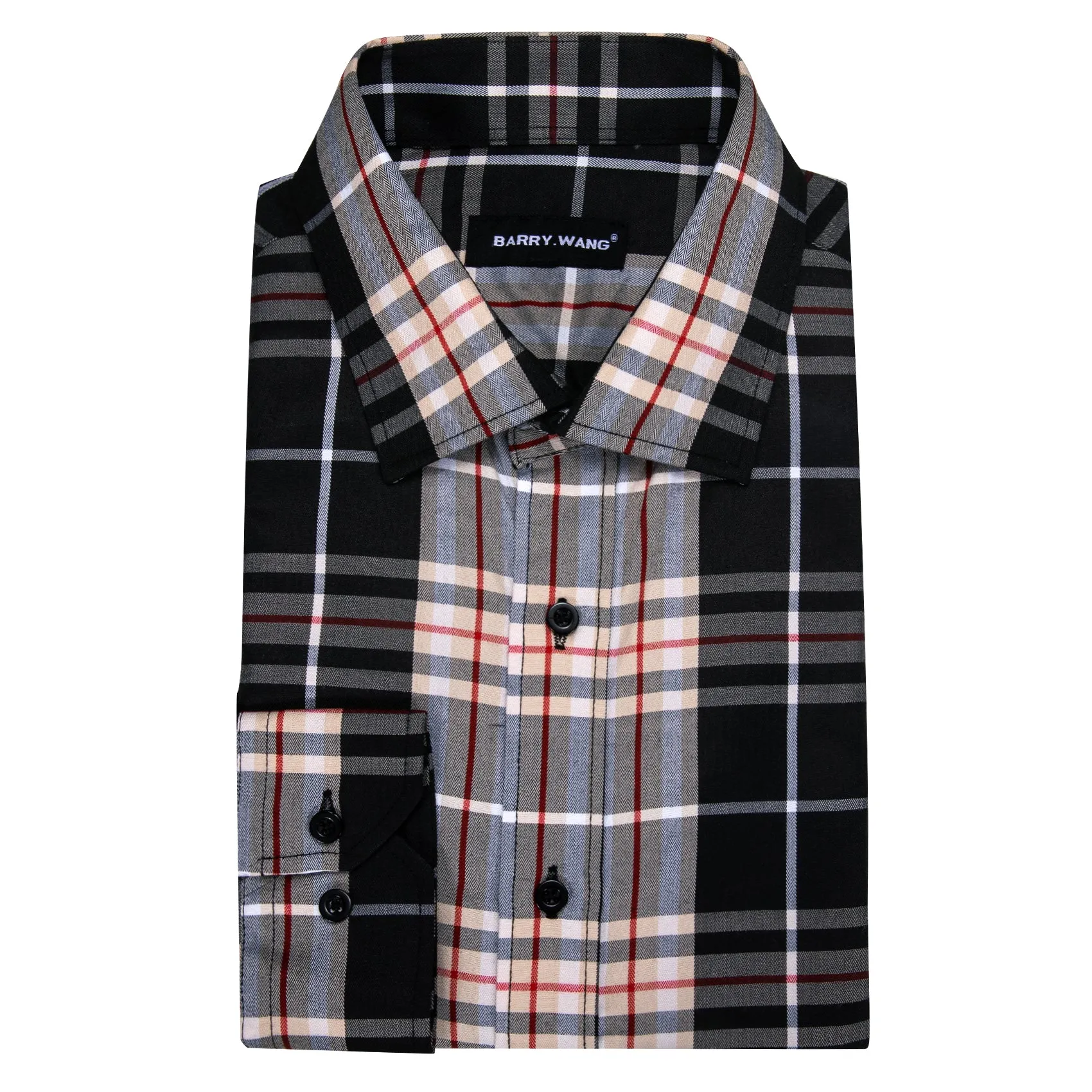 Barry.Wang Black Grey Red Stripes Checkered Mens Plaid Button Up Shirt sold by Barrywang product image thumbnail 4