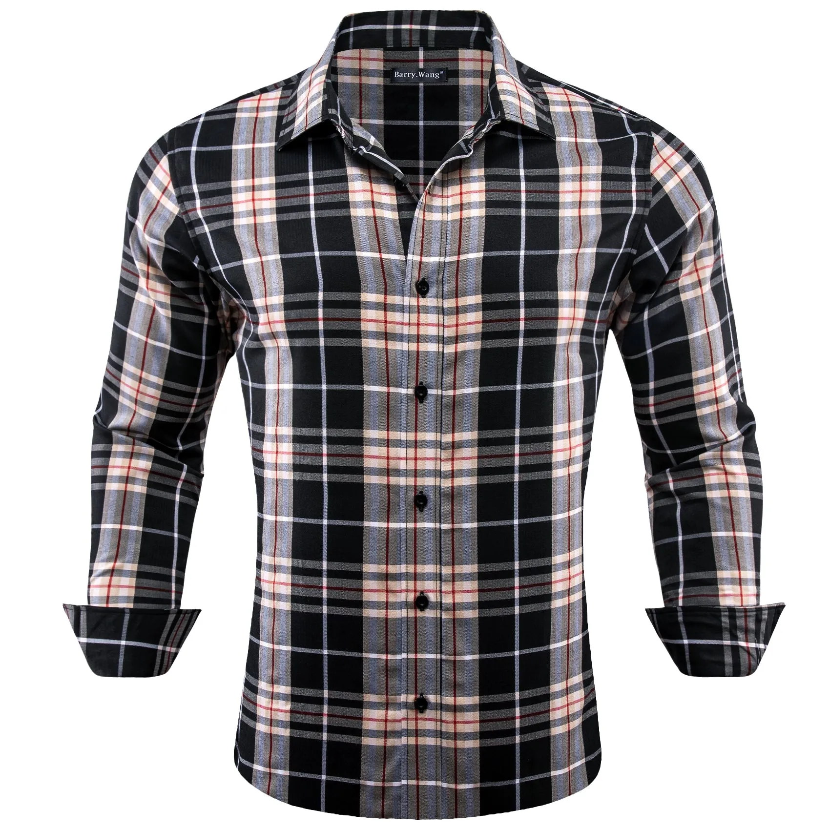 Barry.Wang Black Grey Red Stripes Checkered Mens Plaid Button Up Shirt sold by Barrywang