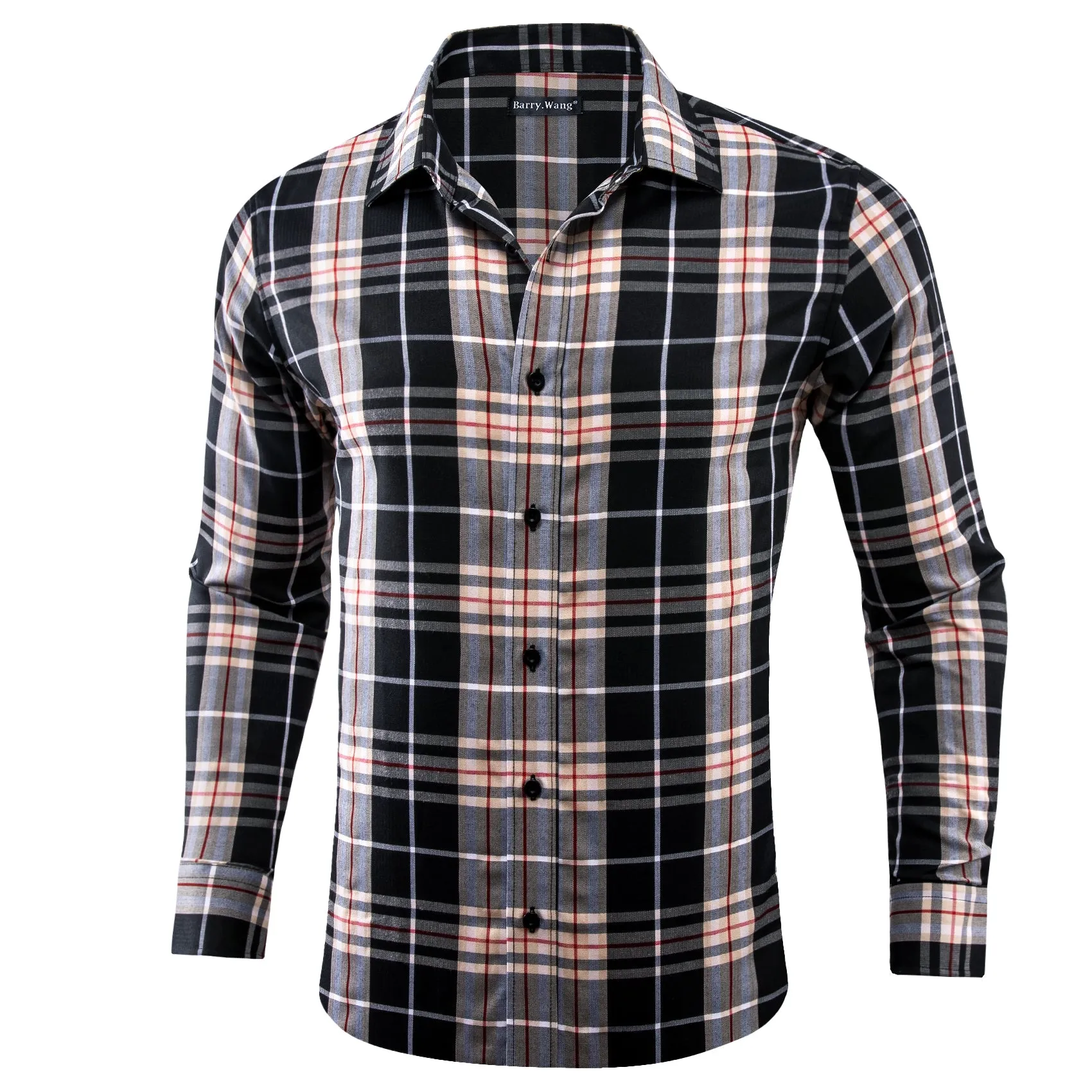 Barry.Wang Black Grey Red Stripes Checkered Mens Plaid Button Up Shirt sold by Barrywang product image thumbnail 2