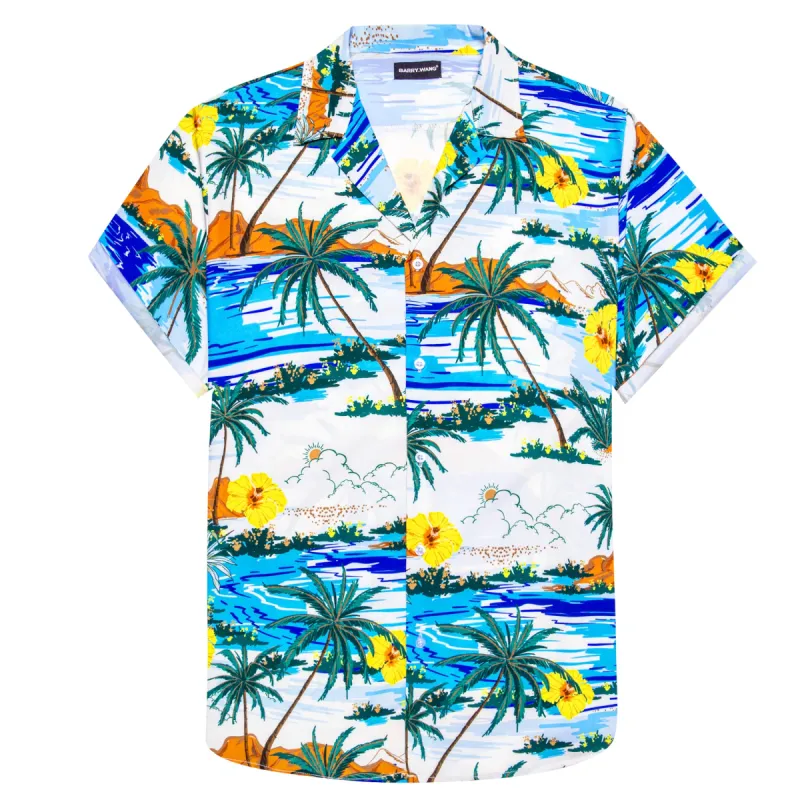 Barry. Wang Men's Blue White Floral Pattern Short Sleeves Summer Hawaii Shirt sold by Barrywang