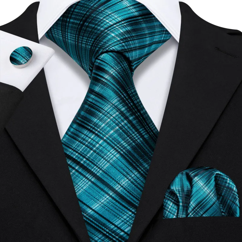 Barry. Wang High Gloss Blue Black Stripe Tie Pocket Square Cufflinks Set sold by Barrywang