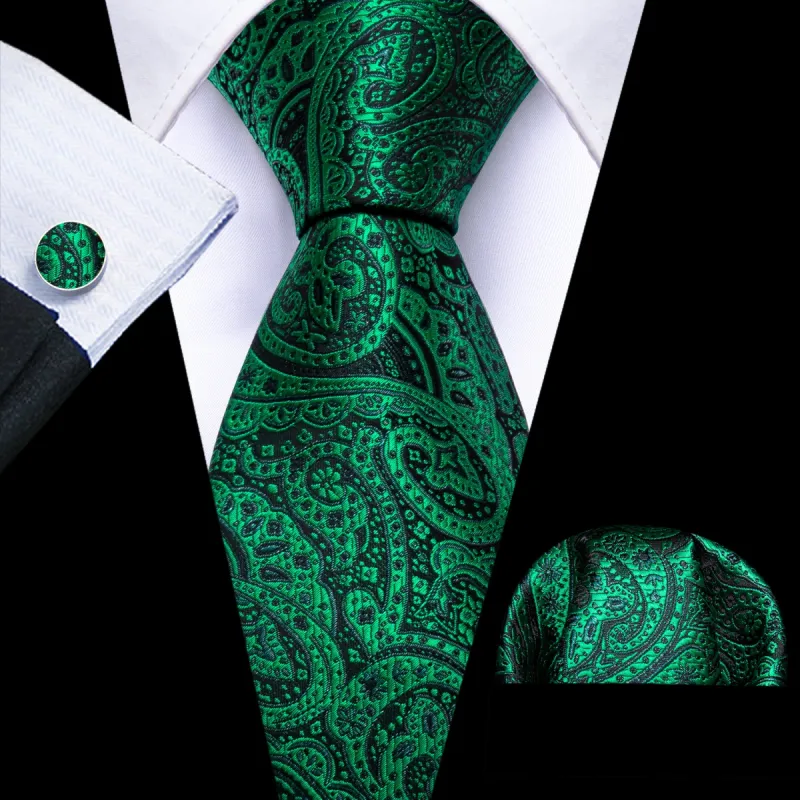 Barry. Wang Green Tie Paisley Silk Necktie Handkerchief Cufflinks Set sold by Barrywang