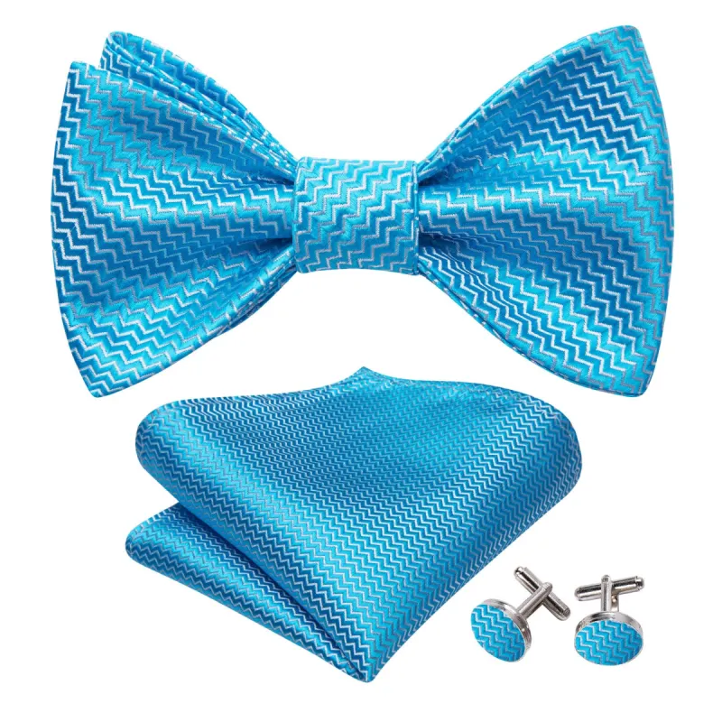 Sky Blue Striped Silk Bow Tie Hanky Cufflinks Set sold by Barrywang