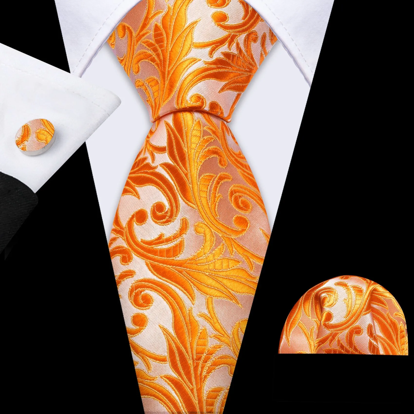 Barry Wang Orange Ties Pink Floral Silk Tie Handkerchief Cufflinks Set sold by Barrywang