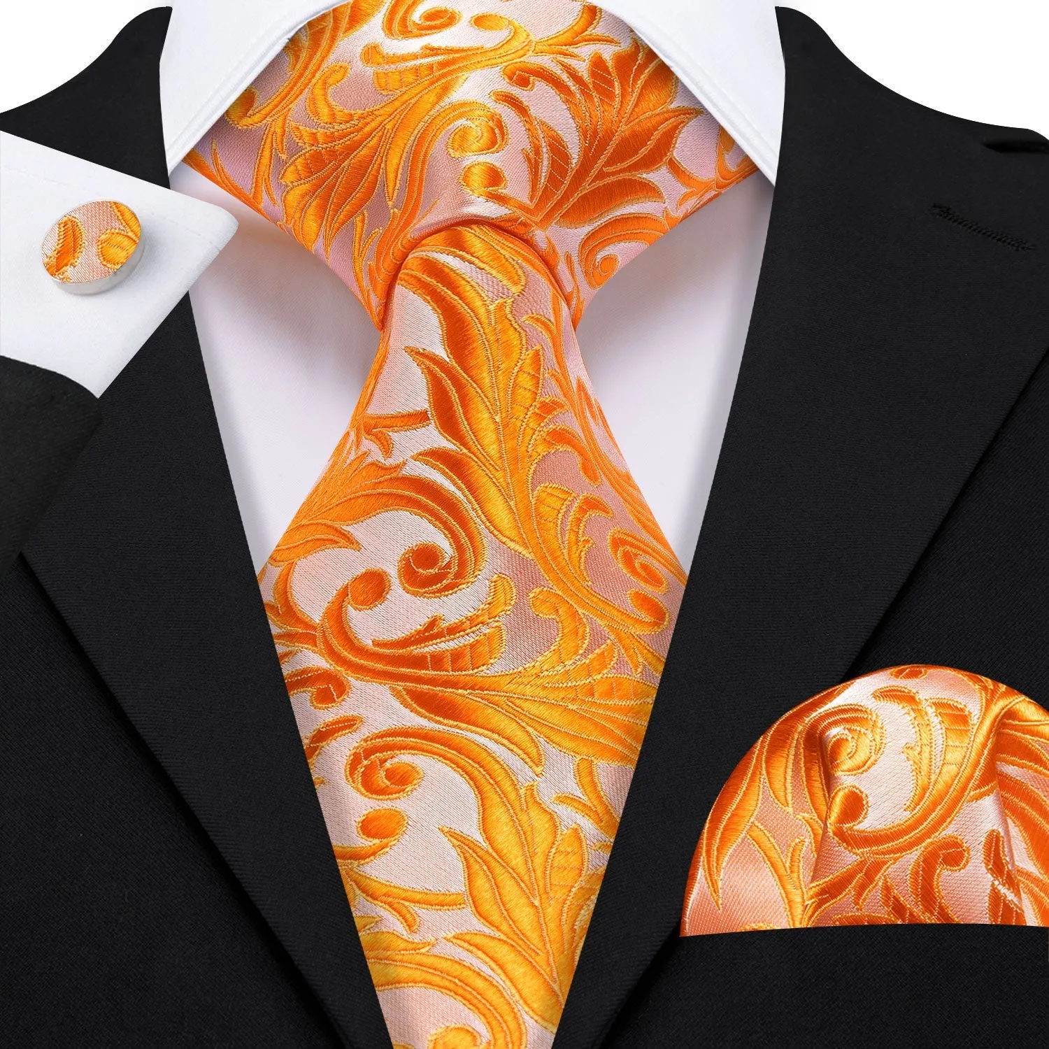 Barry Wang Orange Ties Pink Floral Silk Tie Handkerchief Cufflinks Set sold by Barrywang product image thumbnail 2