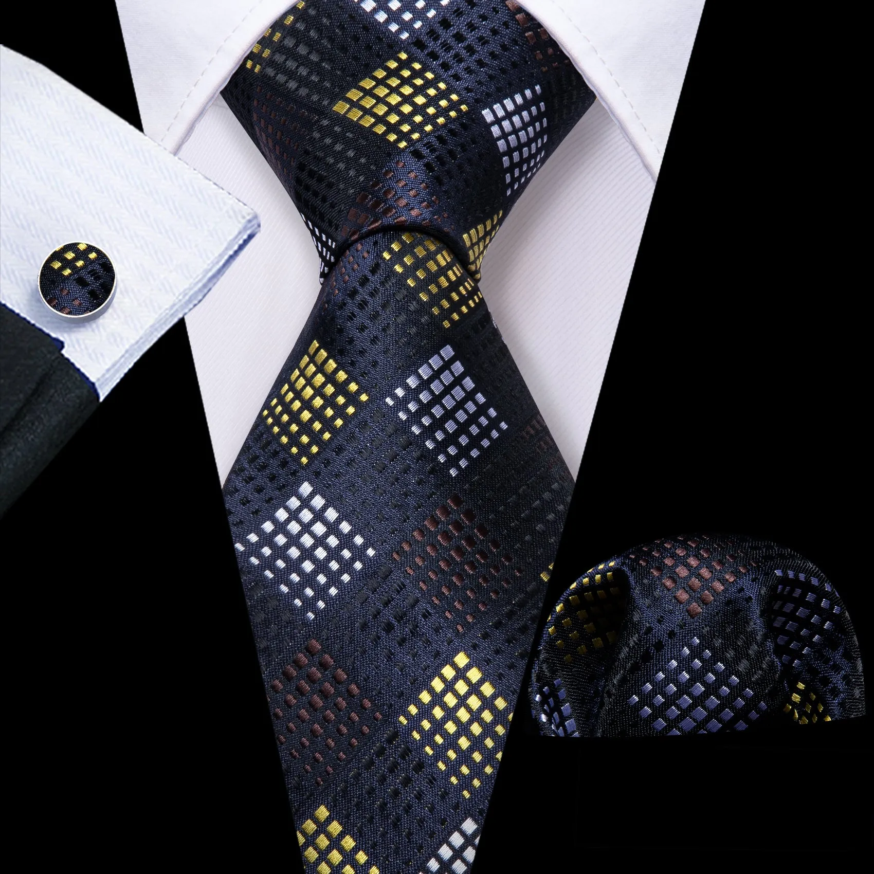 Barry Wang Fashion Men Black Yellow Plaid Silk Tie Hanky Cufflinks Set sold by Barrywang
