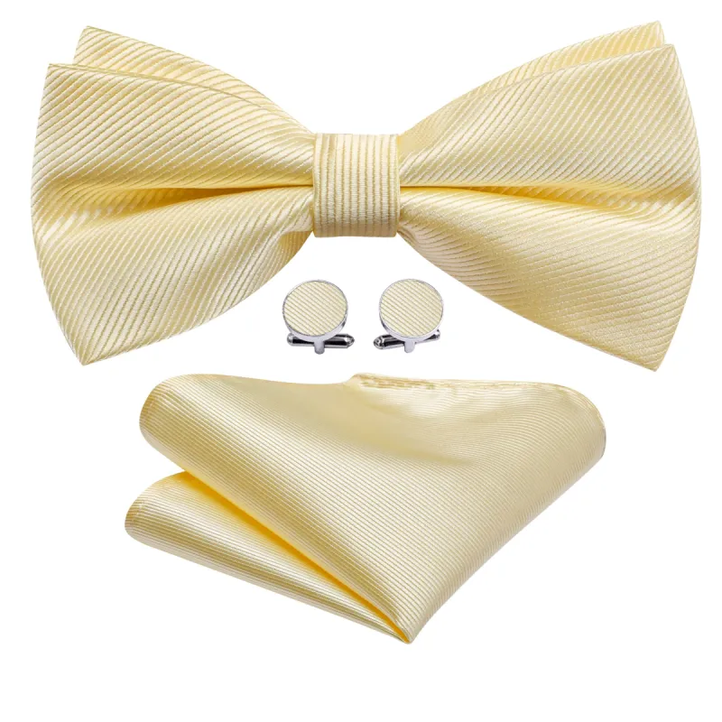 Barry. Wang Lemon Chiffon Solid Pre-tied Bow Tie Hanky Cufflinks Set sold by Barrywang