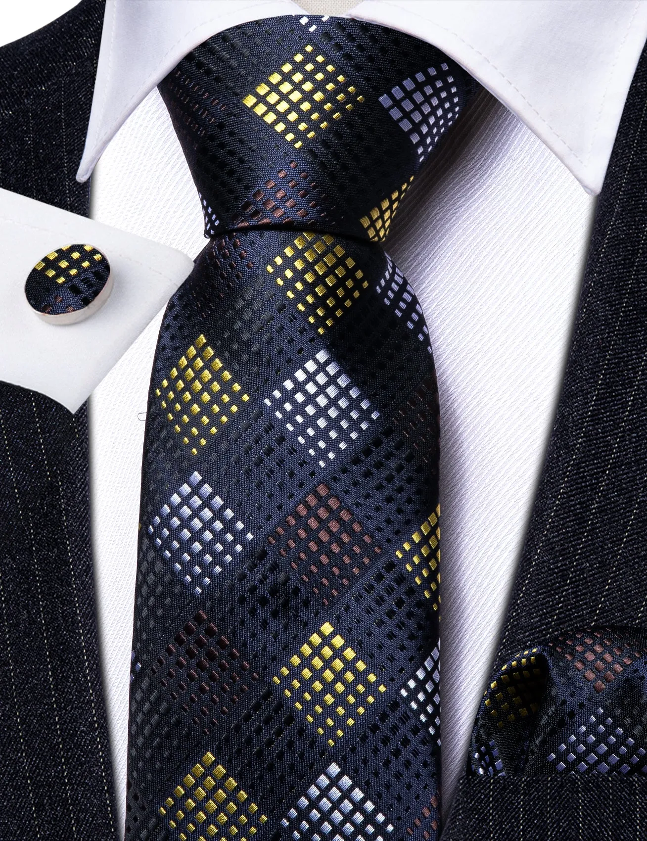 Barry Wang Fashion Men Black Yellow Plaid Silk Tie Hanky Cufflinks Set sold by Barrywang product image thumbnail 4