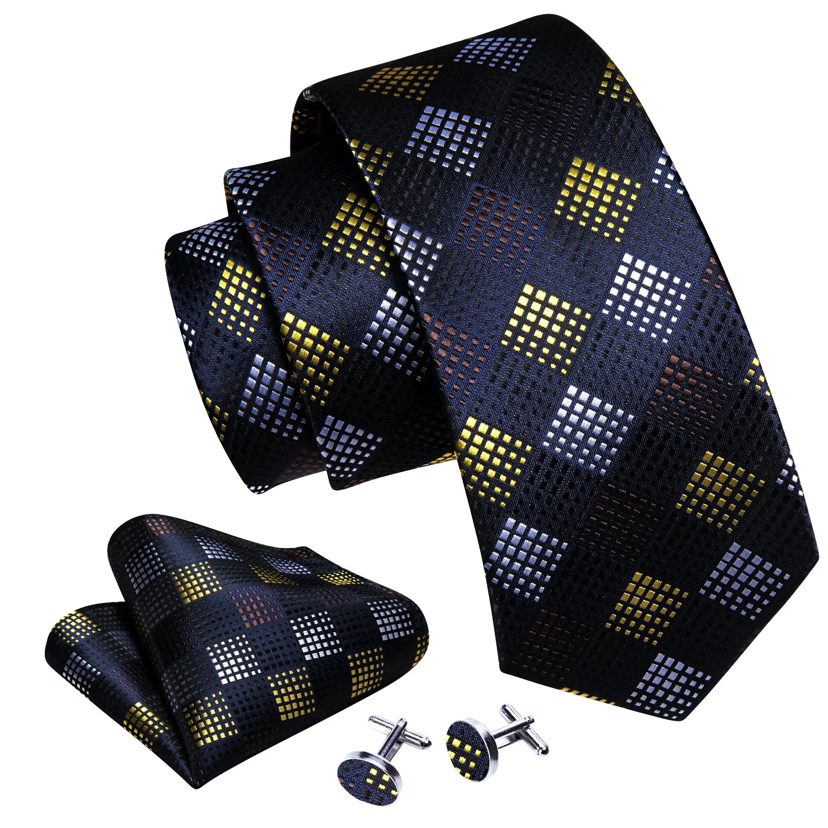 Barry Wang Fashion Men Black Yellow Plaid Silk Tie Hanky Cufflinks Set sold by Barrywang product image thumbnail 5