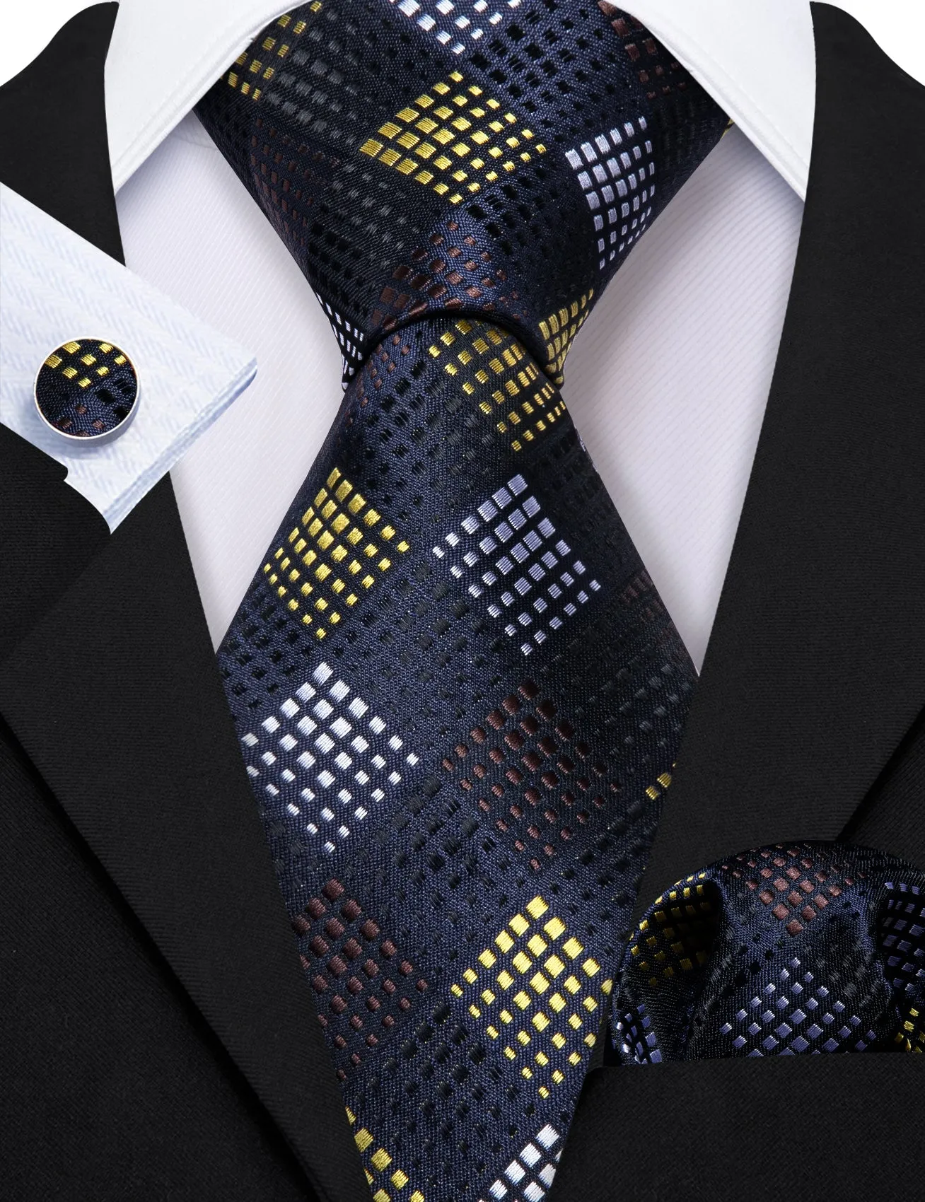 Barry Wang Fashion Men Black Yellow Plaid Silk Tie Hanky Cufflinks Set sold by Barrywang product image thumbnail 3