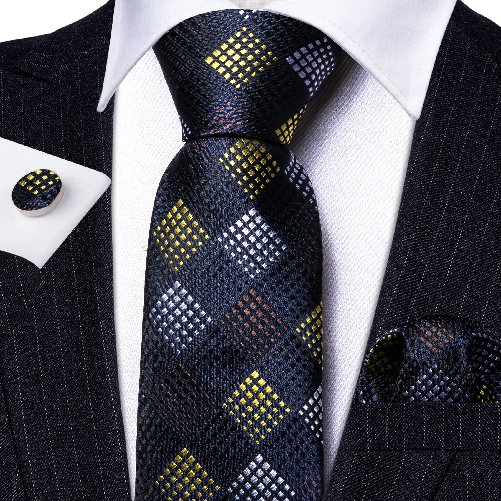 Barry Wang Fashion Men Black Yellow Plaid Silk Tie Hanky Cufflinks Set sold by Barrywang product image thumbnail 2
