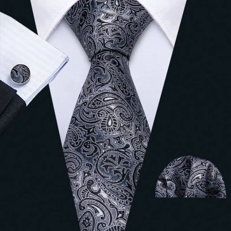 Barry.Wang Black Tie Grey Paisley Men's Silk Tie Pocket Square Cufflinks Set sold by Barrywang