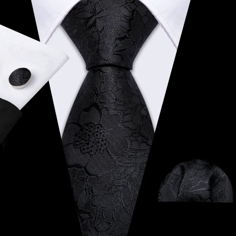Barry Wang Necktie Black Floral Silk Tie Handkerchief Cufflinks Set sold by Barrywang