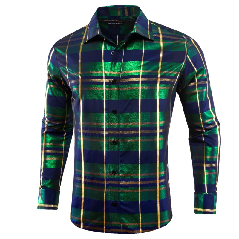Barry.wang Green Blue Plaid Silk Men's Shirt sold by Barrywang
