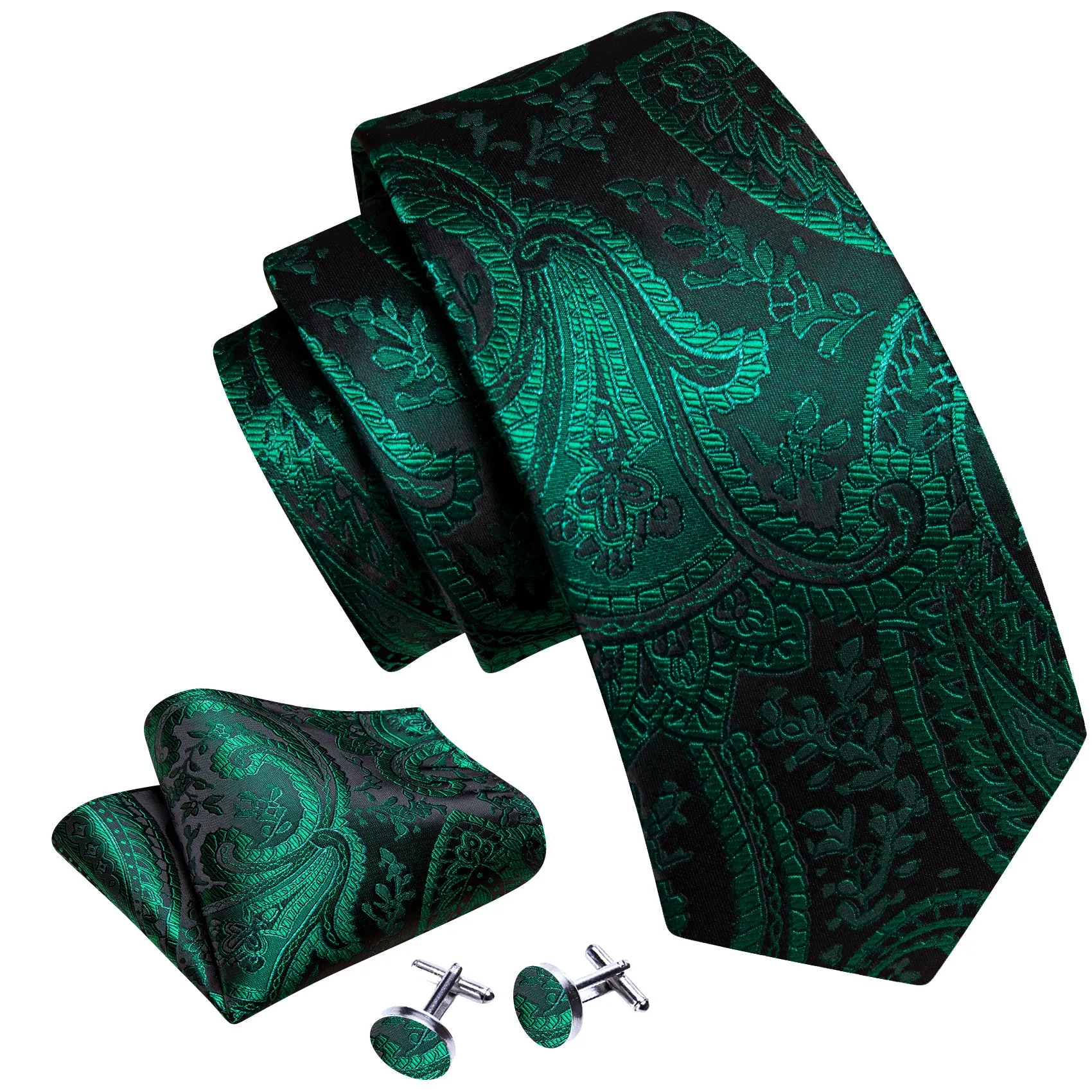 Barry Wang Green Tie Paisley Jacquard Silk Tie Handkerchief Cufflinks Set sold by Barrywang product image thumbnail 2