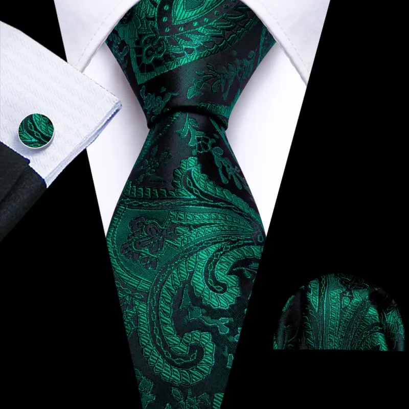 Barry Wang Green Tie Paisley Jacquard Silk Tie Handkerchief Cufflinks Set sold by Barrywang