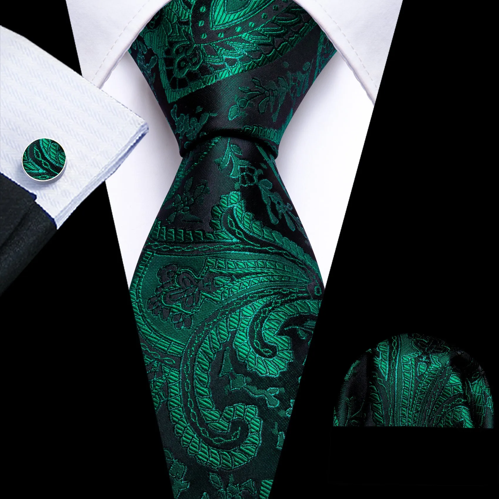 Barry Wang Green Tie Paisley Jacquard Silk Tie Handkerchief Cufflinks Set sold by Barrywang