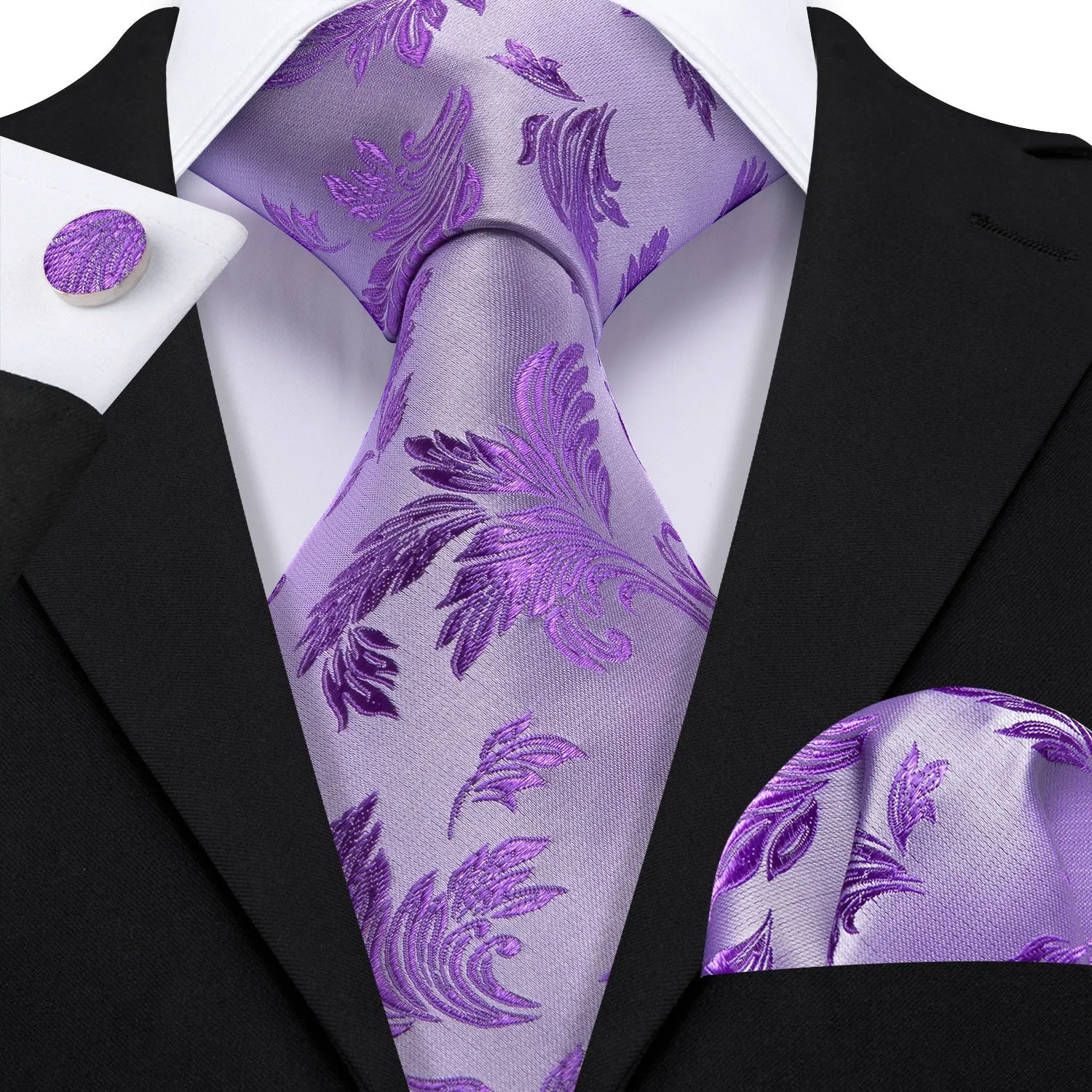 Barry Wang Purple Floral Necktie Silk Pocket Square Cufflinks Set sold by Barrywang product image thumbnail 2