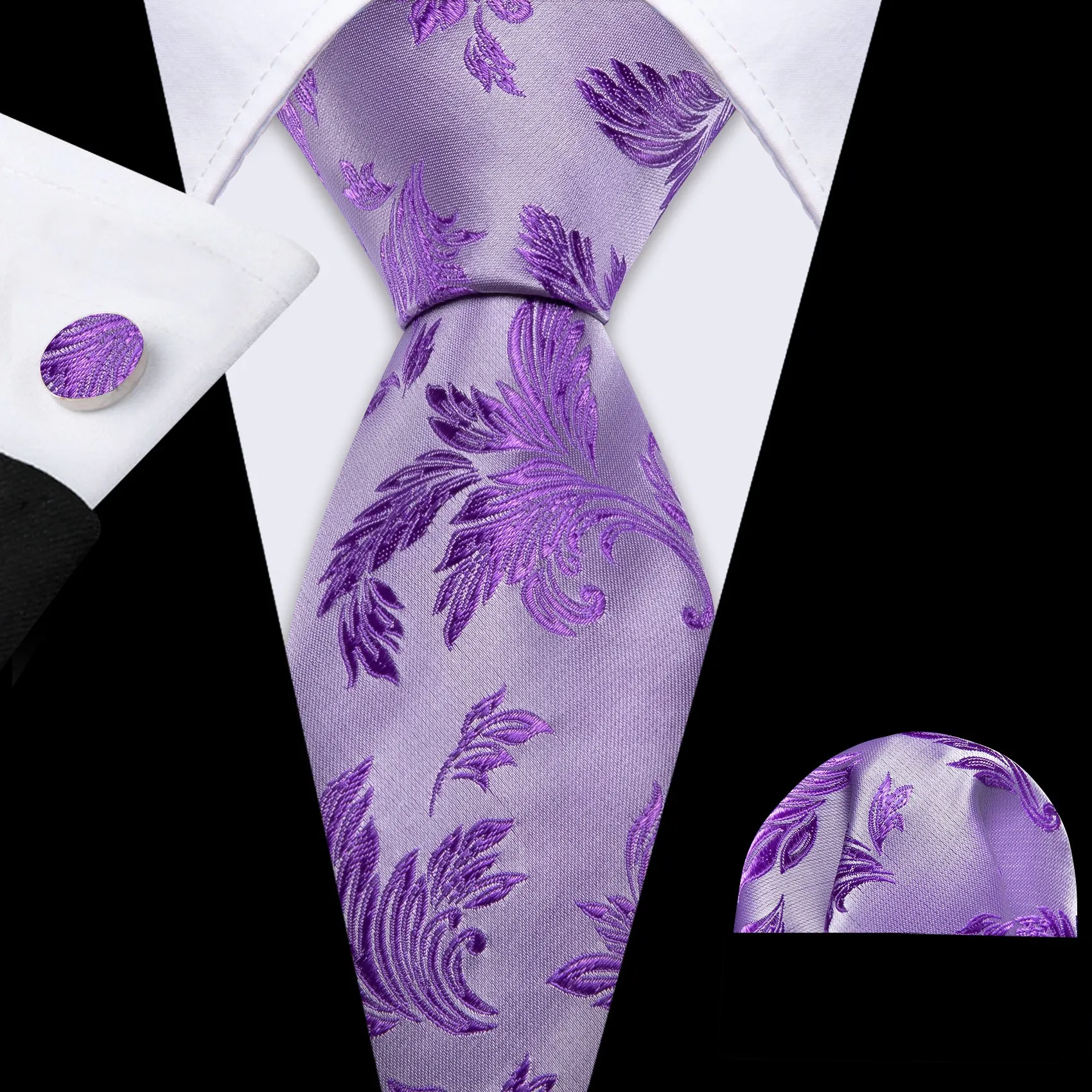 Barry Wang Purple Floral Necktie Silk Pocket Square Cufflinks Set sold by Barrywang