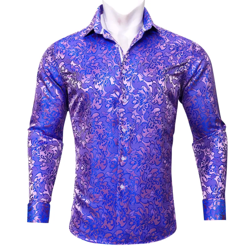 Barry Wang Mens Dress Shirt Blue Pink Floral Silk Long Sleeve Shirt sold by Barrywang