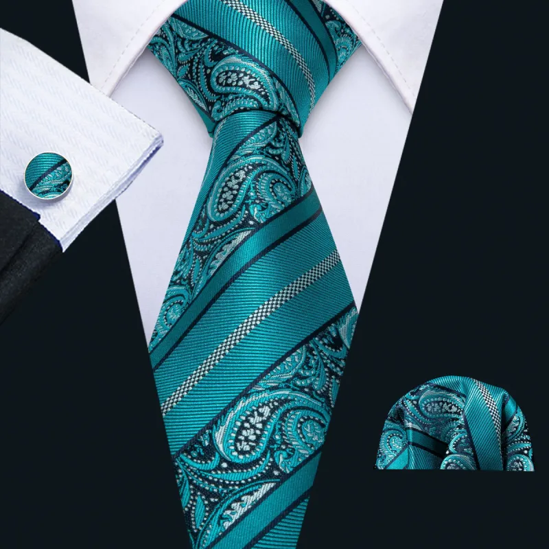 Barry. Wang Cyan Silk Tie Pocket Square Cufflinks Set Teal Accessories sold by Barrywang