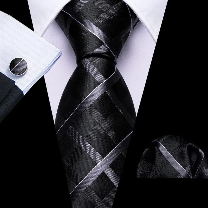 Barry Wang Black Tie Dark Grey Checkered Necktie Hanky Cufflinks Set sold by Barrywang